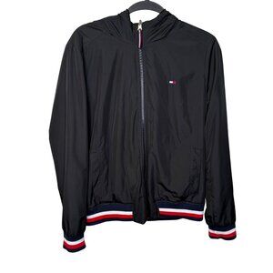 Tommy Hilfiger Hooded Windbreaker Jacket Black Red White Trim Men’s Size Medium